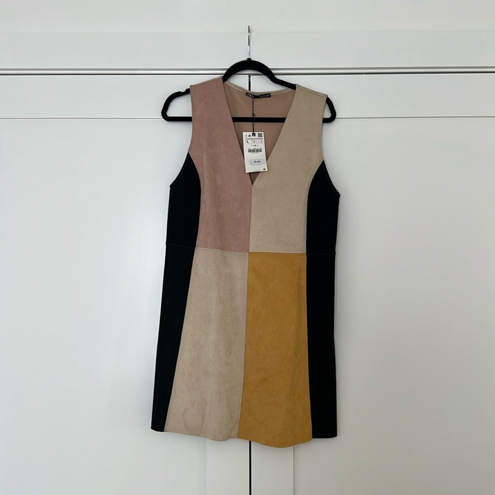 Zara Colorblock Mini Dress - Black, Beige, Yellow